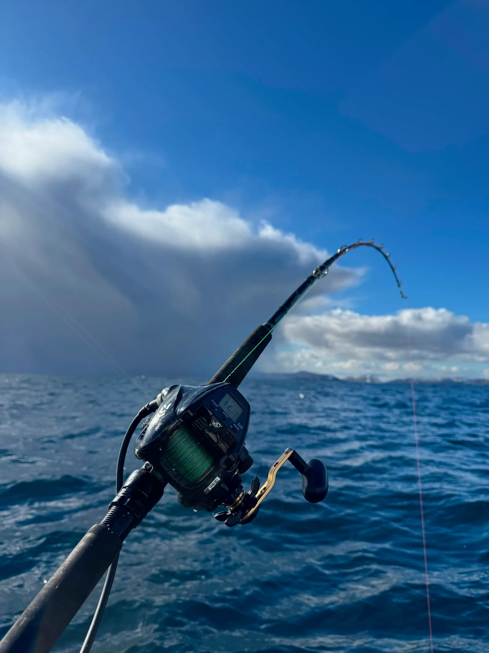 A bent fishing rod extends over blue sea beneath a bright sky.