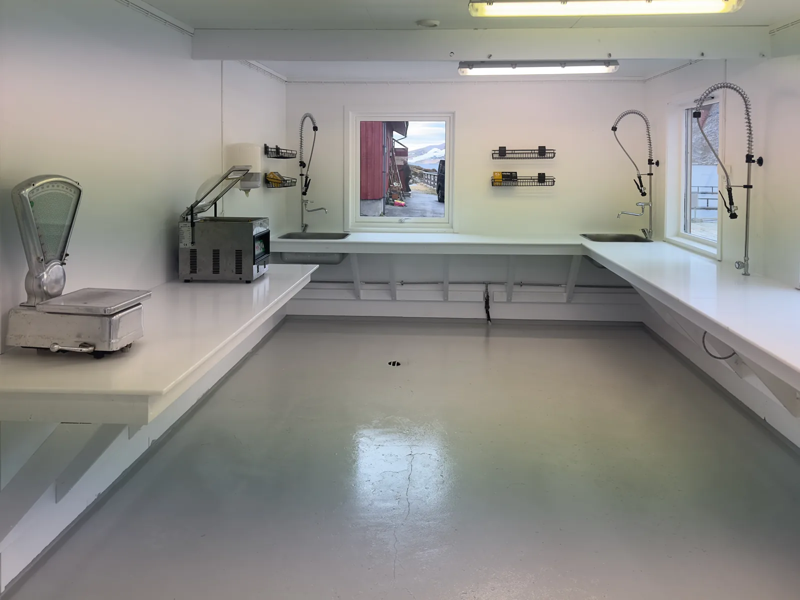 Worktops and equipment in the fish preparation room.